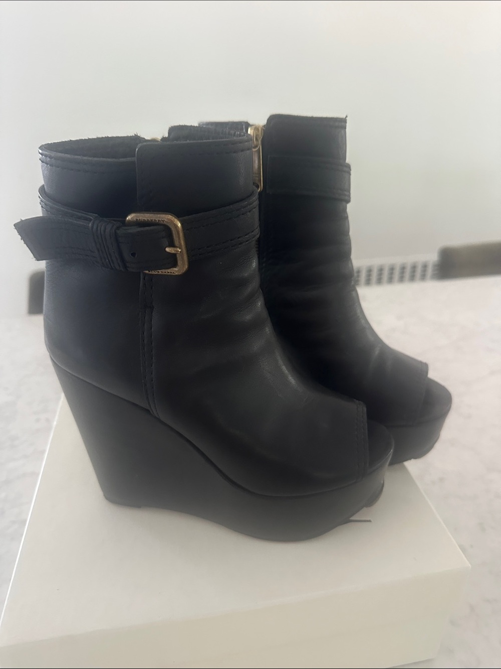 Burberry Black Wedge Peep-Toe Ankle Boots - Women's 6